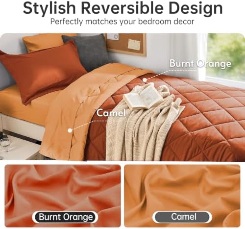MUXHOMO 5 Pieces Twin XL Comforter Set, Reversible Bed in a Bag Twin XL Size, All Season Bedding Set with Comforter, Flat Sheet, Fitted Sheet, Pillowcases & Shams, Burnt Orange & Camel