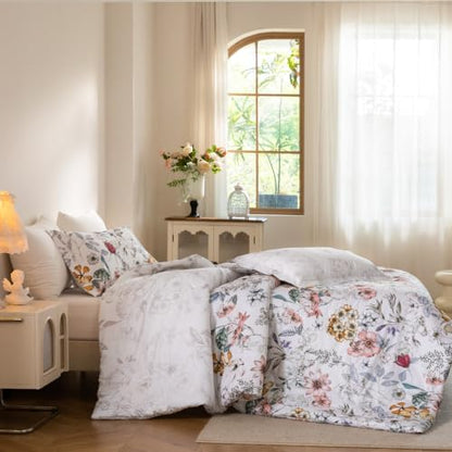 SLEEPBELLA Comforter Queen Size, 600 Thread Count Cotton Pink & Yellow & Blue Floral Pattern Comforter Set,Down Alternative Bedding Set 3Pcs(Queen, Spring Whispers)