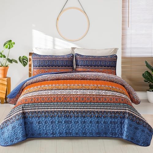 WONGS BEDDING Boho Twin Quilt Set, 2 Pieces Bedspread Bedding, Blue Orange
