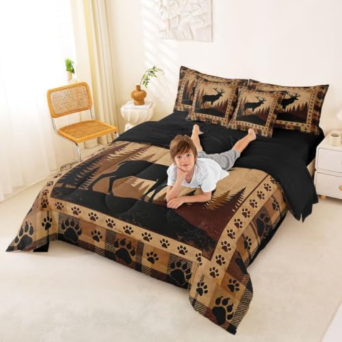 Erosebridal Plaid Deer Bed in A Bag 7 Pcs Vintage Rustic Wildlife Comforter Set for Women Men Animal Bear Paw Hunting Bedding Sets King Countryside Forest Cabin Sheet Set with Comforter