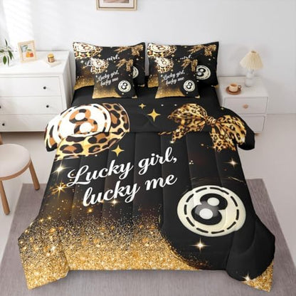 Erosebridal Brown Leopard Bow 7 Piece Bedding Set Full Size,Y2K Lucky 8 Ball Comforter Set Fashion Cheetah Print Bowknot Bed in A Bag with Sheets Preppy Room Decor,Black Gold Trendy Luxurious Bed Set