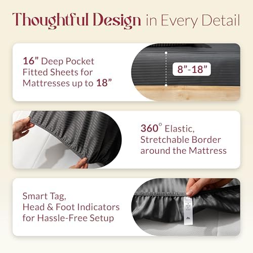 Mayfair Linen Egyptian Cotton Queen Sheets Set - Luxury 800 Series High Thread Count Queen Bed Sheet Set (4 PC, Dark Grey - Stripe), Soft Cooling Hotel Quality Bed Sheet Set - Tranquil Collection