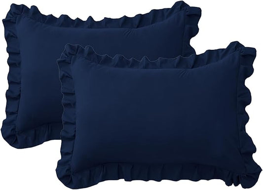 Ruffle Pillow Cases Queen Size Set of 2 – Soft Wrinkle Resistant Brushed Microfiber Ruffled Pillowcases –Envelope Pillow Shams Cover Festive Gift for Hotels, Guest Rooms 20x30 Inch (Navy Blue)