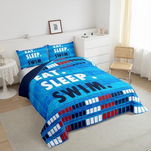 Homewish Swimmer Bedding Sets Twin Size,Swimming Lover Comforter Set 2Pcs for Kids Teens Boys Men Room Decor,Swimming Sports Quilted Duvet Swimming Lane Stripes Dark Blue Down Comforter,1 Pillowcase