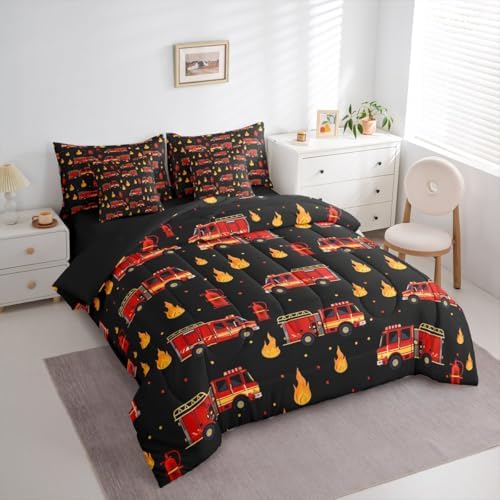 Erosebridal Fire Truck 7-Piece Bedding Set Twin for Boys, Cartoon Red Firemen Car Comforter Set with Sheets for Firefighter Room Decor, Black and Red Bed in A Bag, Fire Engine Bed Sets