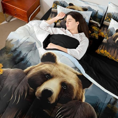 Erosebridal 7 Pcs Bear Comforter Set Woodland Rustic Cabin Bed in A Bag for Kids Boys Girls Nature Wild Animal Bedding Sets Full Forest Hunting Country Sheet Set with Comforter Jungle Mountain Decor