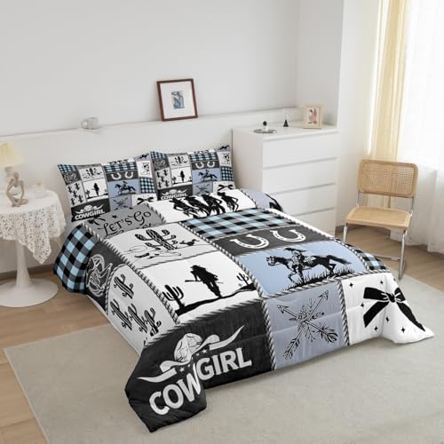 Western Cowgirl Girly Comforter Set Queen Size,Cactus Horseshoe Cow Skull Bow Bedding Set,Girls Women Room Decor,Cowgirl Boot Geometric Plaids Down Comforter,Blue Rustic Duvet Insert,2 Pillowcases