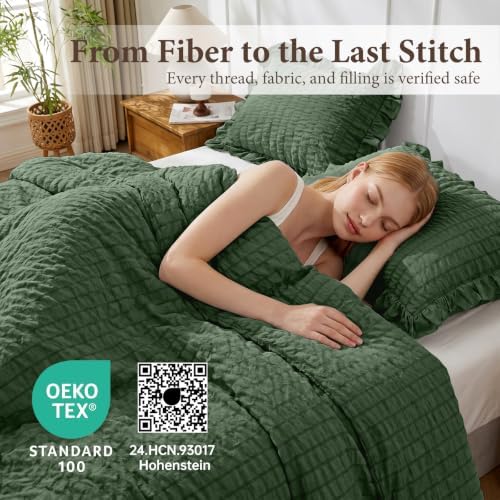 JOLLYVOGUE Olive Green Queen Comforter Set,3pcs Ruffle Seersucker Bed Set