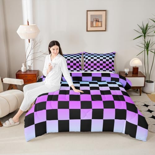 Feelyou Multicolored Checkered Retro Bedding Set for Boys Girls Geometric Vintage Comforter Set Twin Size Gradient Purple Duvet Quilt Modern Groovy Aesthetic Bedroom Decor 2 Pcs with 1 Pillow Cases