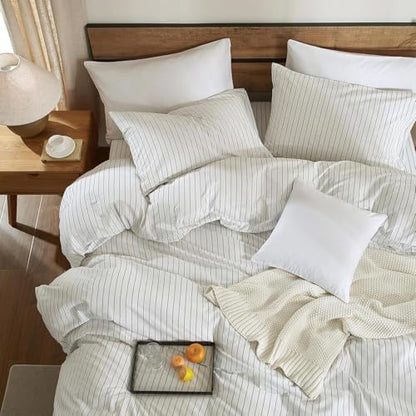 Striped Duvet Cover Set 100% Washed Cotton Linen Like Textured 3 Piece Bedding Set Comfy Breathable Lightweight (Full, Wide Stripe-White/Black)
