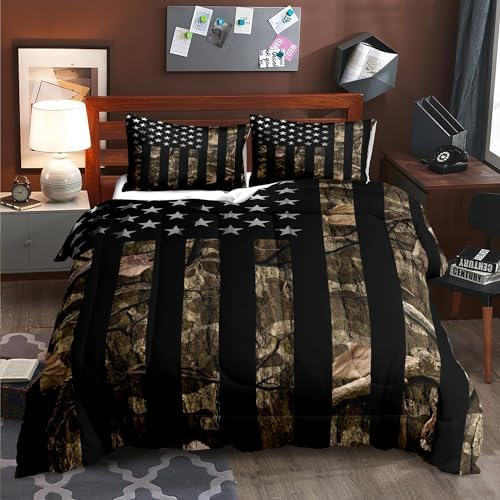 LUVIVIHOME 3PCS Camo Comforter Set King Size, Rustic Bedding, Black American Flag Bed Set, Country Farmhouse Hunting Bedroom Decor for Men Boys, Soft Microfiber Quilt, 2 Pillow Shams
