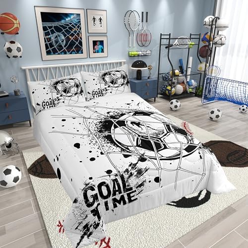 Erosebridal Kids Football Comforter Set Twin Size American Soccer Bedding Set Sports Games Duvet Sets for Boys Girls Children Teens Geometric Polygon Quilt for Bedroom, Black White