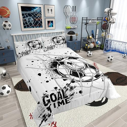 Erosebridal Kids Football Comforter Set Full Size American Soccer Bedding Set Sports Games Duvet Sets for Boys Girls Children Teens Geometric Polygon Quilt for Bedroom, Black White
