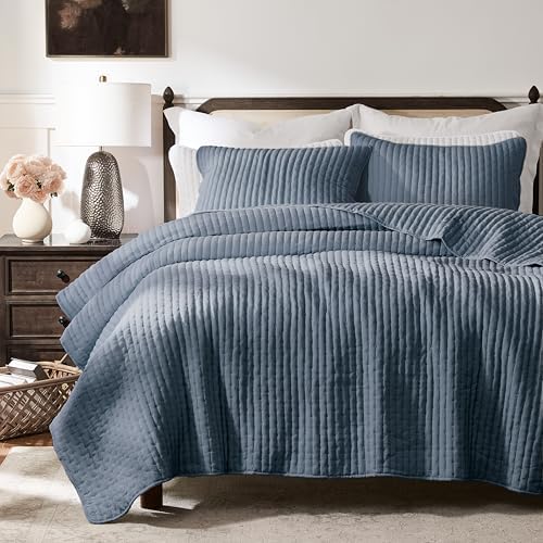 WDCOZY Blue Cross Stitch Queen Size Quilt Set, Striped Lightweight Soft Bedspread, Channel Farmhouse Rustic Coverlet, All Season Country Bedding, Thin Comforter