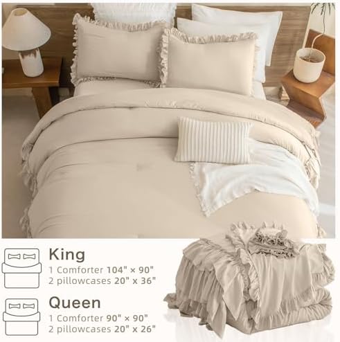 Masaca Ruffled Comforter Set Queen,3-Piece Farmhouse Shabby Boho Chic Bedding,Ultra Soft Linen Feel Textured Bed Comforter Set (1 Ruffle Comforter+2 Pillow Shams)