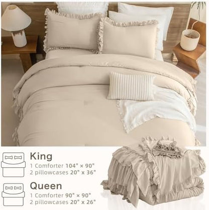 Masaca Ruffled Comforter Set Queen,3-Piece Farmhouse Shabby Boho Chic Bedding,Ultra Soft Linen Feel Textured Bed Comforter Set (1 Ruffle Comforter+2 Pillow Shams)