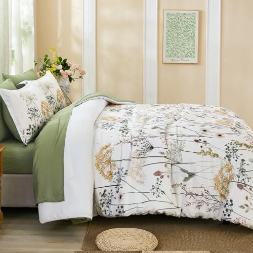 Yiran King Comforter Size Set, 7 Piece Green Dandelion Floral Bed in a Bag