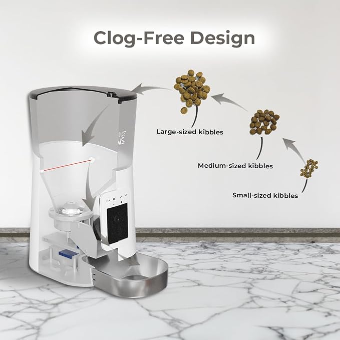 Smart HD Pet Feeder, 6L Dry Food Capacity, 1080p Camera, 2-Way Audio, Scheduled Meals, Backup Power, Easy to Clean, Anti-Jam Design for Cat & Dog, White/Stainless Steel