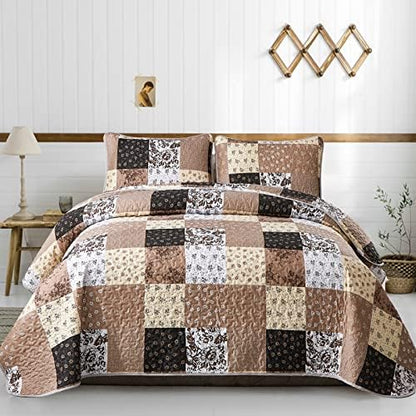 Mybedsoul Boho Quilts Queen Size, Patchwork Fall Bedding Set, Khaki