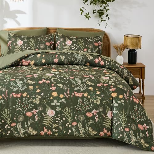 Yiran Queen Comforter Set Olive Green, Floral Bedding Set 7 Piece Bed in a Bag with Botanical Flowers Summer Soft Lightweight Complete Comforters with Sheets for All Season