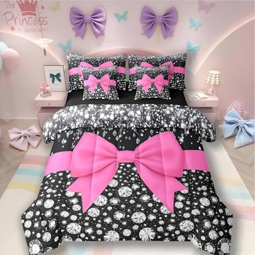 Hot Pink Bowknot Bed in a Bag King Size Comforter Set 7 Pieces,Cute Bow Knot Sheet Set,Kawaii Silk Ribbon Bedding Set,Glitter Sequin Print Diamond Bed Set Dreamy Princess Style Hot Pink Dorm Decor