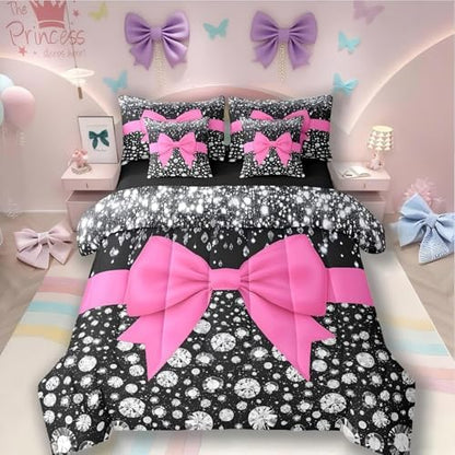 Hot Pink Bowknot Bed in a Bag King Size Comforter Set 7 Pieces,Cute Bow Knot Sheet Set,Kawaii Silk Ribbon Bedding Set,Glitter Sequin Print Diamond Bed Set Dreamy Princess Style Hot Pink Dorm Decor