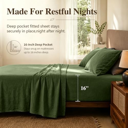 MEISHANG 100% French Linen Sheets King,4 Pcs,16" Deep Pocket