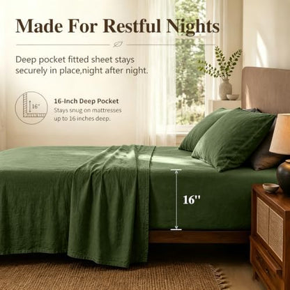 MEISHANG 100% French Linen Sheets King,4 Pcs,16" Deep Pocket