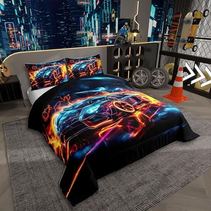 Erosebridal Ice Fire Race Car Boys Toddler Comforter Set,Blue Black Cars Bedding Set for Kids Children Teens Girls,Orange Blue Geometric Wheel Racing Car Quilt,Extreme Sports Bedding Sets for Boys