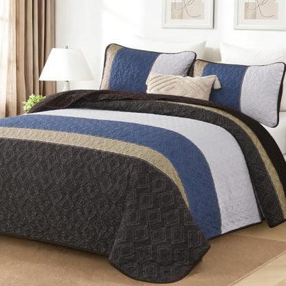 Cottolester Quilts Queen Size,Brown Blue Striped Bedspread Coverlet Set