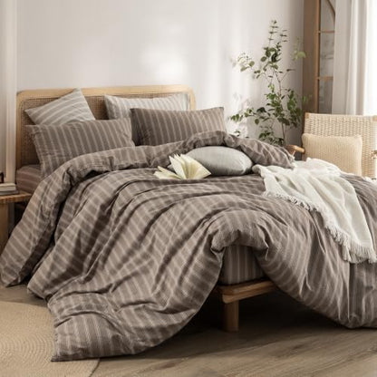 BESTOUCH Striped Cotton Duvet Cover Set Linen Feel Twin