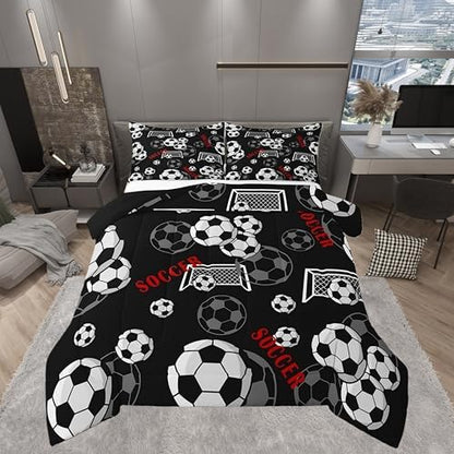 Castle Fairy 3D Soccer Sports Full Size Comforter Set,Black White Soccer Bedding Set for Adults Teens,Children Football Gate Comforter Luxury Cartoon Style Quilt Set Room Decor 3Pcs