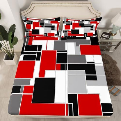 Feelyou Geometric Stripe Sheet Set Kids Abstract Art Rectangle Bed Set for Women Men Modern Bed Sheets Red White Black Sheets Bedroom Collection 4Pcs Full Size