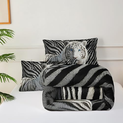 3Pcs White Tiger Comforter Set Full Size for Teen Boys Girls Room Decor,3D Animals Print Comforter Set,Wild Animals Theme Black White Stripe Tiger Bedding Set
