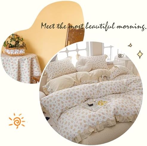 Ruffle Floral Comforter Set Full Size 3 Pieces Chic Coquette Bedding Aesthetic Flower Comforter with 2 Lace Pillowcases Romantic Ruffled Comforter Floral Cottagecore Bedding Fluffy Bed Set Full