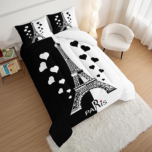 HOSIMA Black and White Stitching Love Heart Paris Bedroom Comforter Set,Eiffel Tower Modern French Style Bedroom Decor,Romantic Sweet Couple Twin Comforter with 2 Pillow Cases.