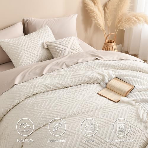 Andency Beige Super King Comforter, 3 Pieces Boho Bedding Set
