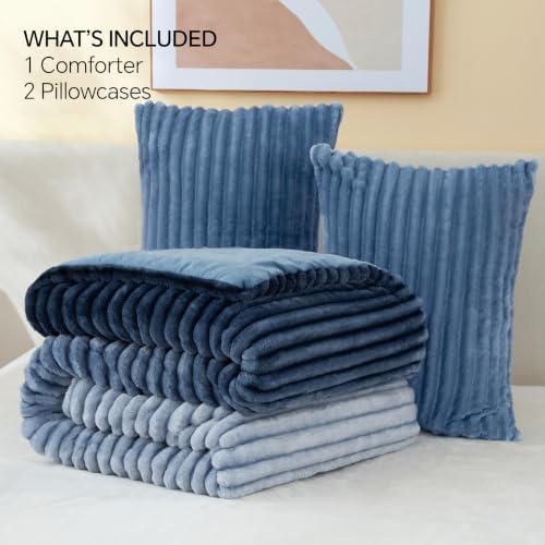 BEDELITE Fleece Queen Comforter Set, Fluffy Bed Set, Blue Ombre