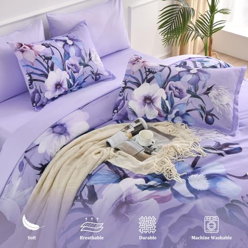 Luxudecor Lavender Purple Floral Comforter Set Queen Size 7 Piece, Flower Bed in a Bag, Elegant Comforter with Sheet Set, Soft Microfiber Bedding Set for All Season (Lavender, 90"x90")