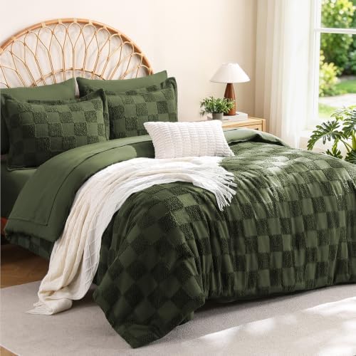 MR&HM King Comforter Set 7 Pieces, Checkered Boho Bed Set Dark Olive Green