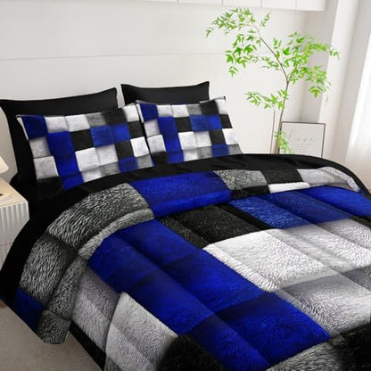7 Piece Black White Blue Checkered King Size Comforter Set with Sheets，King Size Quilt Bedding Set Checkered，(1 Comforter, 1 Flat Sheet, 1 Fitted Sheet, 2 Pillowcase and 2 Pillow Sham)