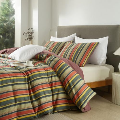 mixinni Twin XL Size Comforter Set 3 Pieces, Vintage Colorful Striped Washed Cotton Reversible Comforter with 2 Pillowcases, All Season Lightweight Bedding for Women & Men, Retro Mid-Century Style