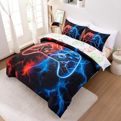 Meeting Story 5 Pcs Gaming Bedding Set Queen Size Green Game Console Kids Bed in A Bag 3D Black Gamer Comforter Set with Sheets for Boys Teen(RedBlue)