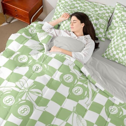 Erosebridal Fashion Y2K Bow 7 Piece Bedding Set Full Size for Kids Boys Girls,Trendy Lucky 8 Ball Bowknot Comforter Set Cute Green Cherry Ball Bed in A Bag with Sheets Preppy Aesthetic Plaid Bed Set