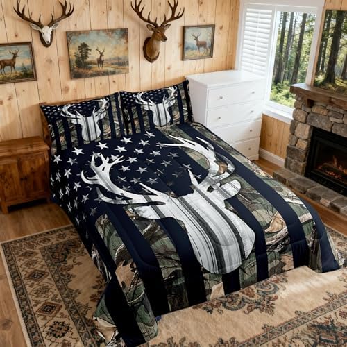 Camo Toddler Size Bedding Set for Boys, Army Green Camo American Flag Comforter Set,Teens Camouflage Deer Animal Hunting Quilt Set Rustic Farmhouse Woodeen Cabin Decor Bedding Quilt,1 Pillowcase