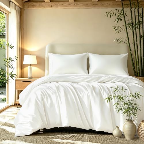 King Duvet Cover Set 3 Pieces, 100% Organic Viscose derived from Bamboo, Luxuriously Soft & Cooling, 1 Duvet Cover and 2 Pillowcases, 104" x 90"(King, White)