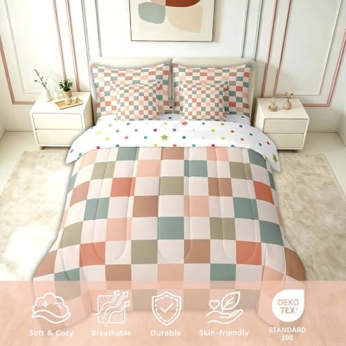 Feelyou Multicolored Checkered Retro 7 Piece Bedding Set Kids Boys Geometric Vintage Comforter Set with Sheets Full Size Ivory White Colorful Bed in a Bag Modern Simple Groovy Aesthetic Room Decor
