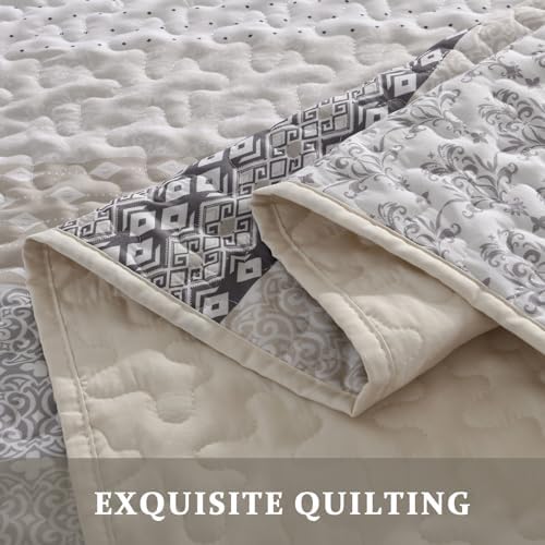 WONGS BEDDING Beige Quilt King Size, Boho Striped Plaid Bedspread