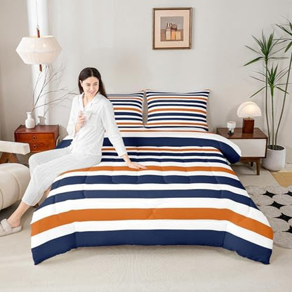 Stripe Art Comforter Set for Teens Blue and Orange Bedding Set Modern Simple Bedding Home Decor for Kids Comforter Twin Size 2 Pcs Stripes Quilted Duvet Set 1 Comforter with 1 Pillowcase