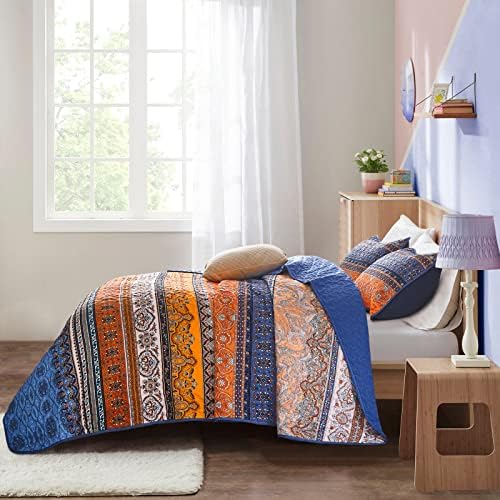 WONGS BEDDING Boho Queen Quilt Bedding Set, 3 Pieces Bedspread, Blue Orange